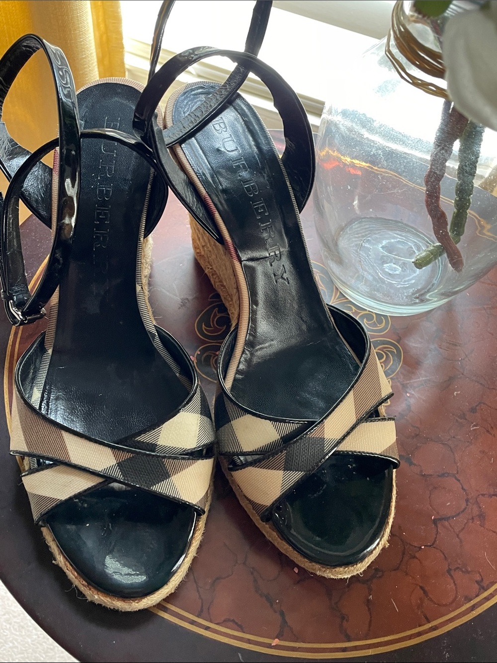 Burberry Beige & Black Check Espadrille Wedge Sandals